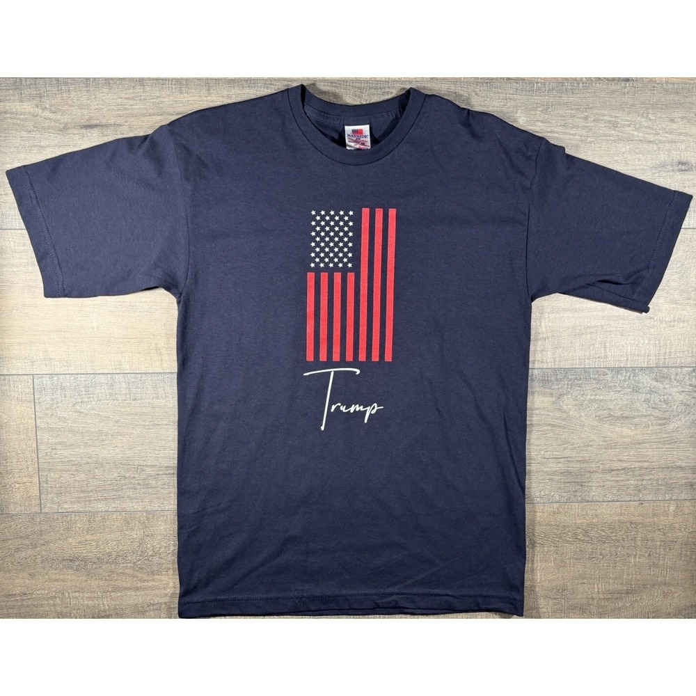 Donald Trump Signature Rally Political Race MAGA Flag USA Made T Shirt Med